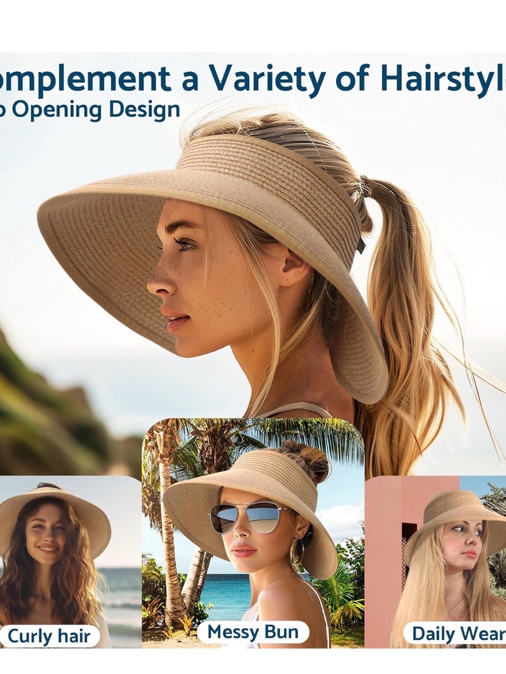 Beige Open-Top Sun Visor Hat for Women - Lightweight Beach Hat